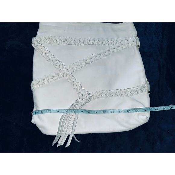 GOLDENBLEU LARGE BOHO WHITE LEATHER BAG BRAIDED TRIM & TASSEL USED 1X - Picture 7 of 8